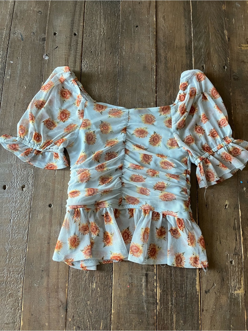 Lily White 10/12 Light Blue Sunflower Ruched Peplum Puff Sleeve Top